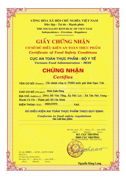 Giấy chứng nhận đủ điều kiện an toàn vệ sinh thực phẩm